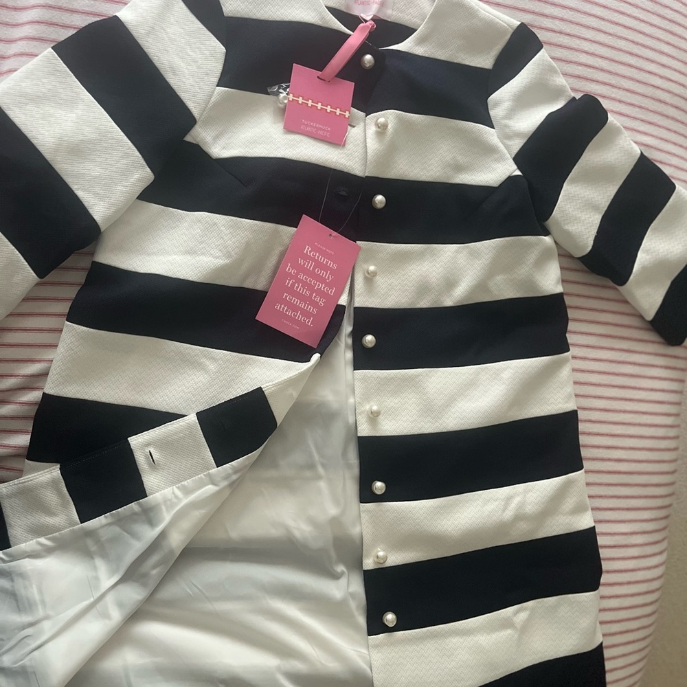 Black and White Striped Coat with Pearl Buttons